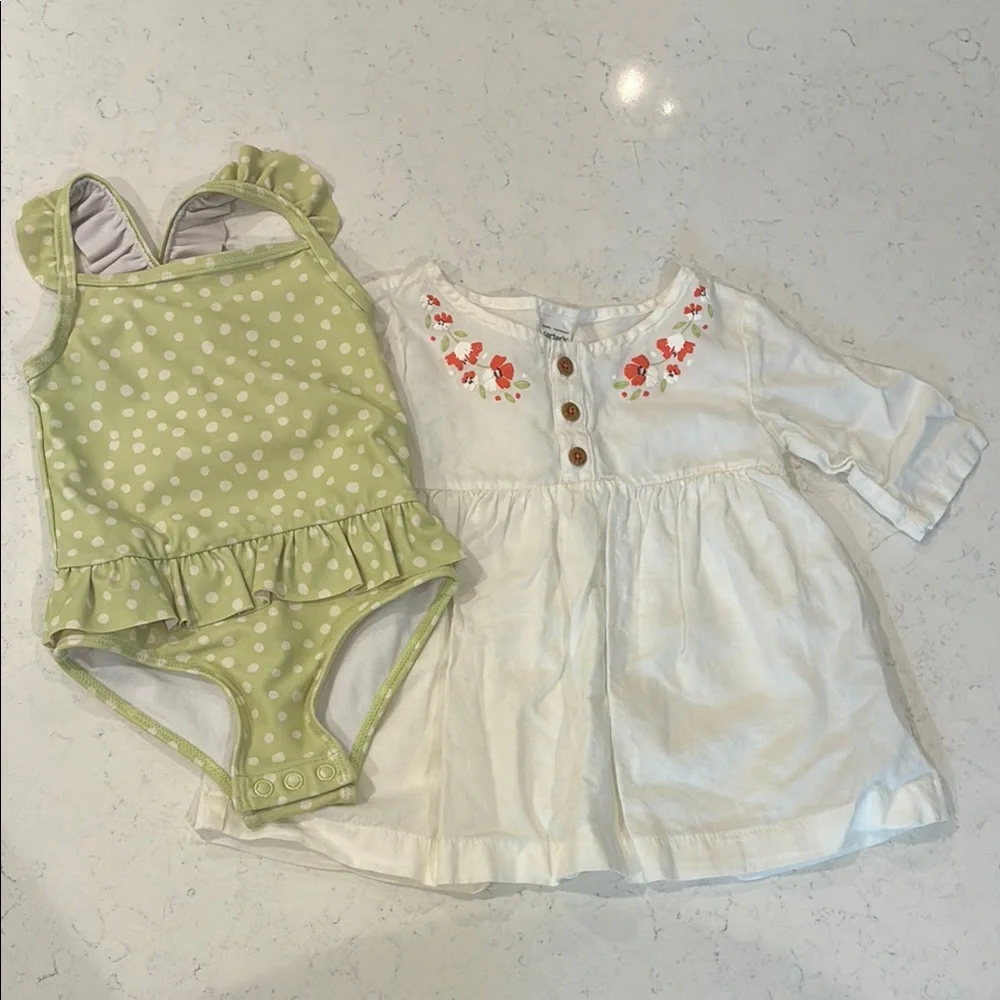 Carters green & white polka dot one piece bath suit with cover up. Size 9M